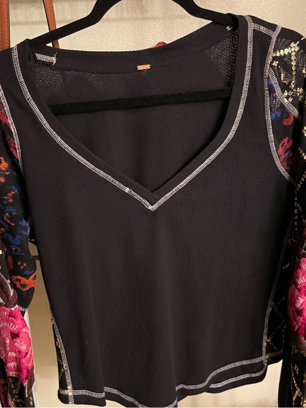 Free People Black Scoop Neck Sweater with Multicolor Floral Sleeves